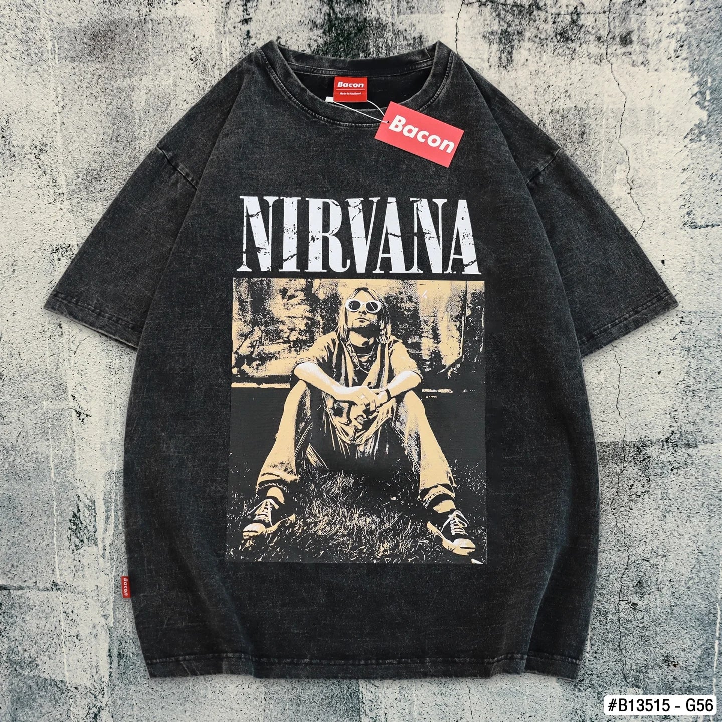Bacon Qatar Unisex Nirvana Oversized Vintage Graphic T-Shirt in Washed Black