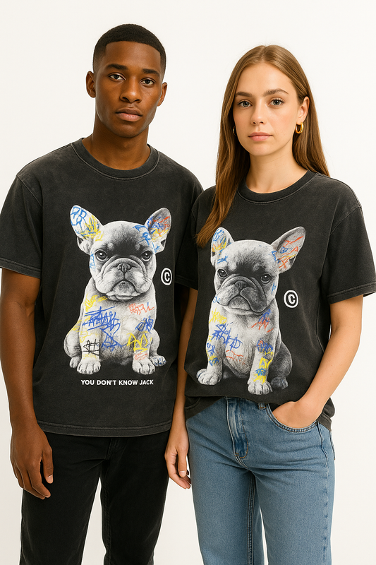Bacon Qatar Graffiti French Bulldog Acid Wash Oversized T-Shirt – Black