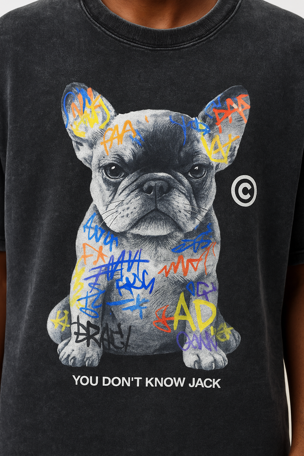 Bacon Qatar Graffiti French Bulldog Acid Wash Oversized T-Shirt – Black