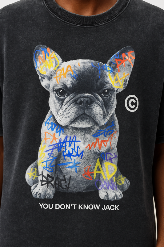 Bacon Qatar Graffiti French Bulldog Acid Wash Oversized T-Shirt – Black